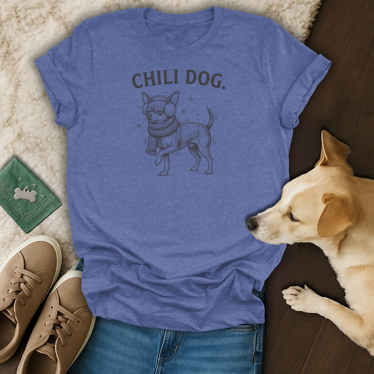 Blue t-shirt with "CHILI DOG" text and a dog wearing earmuffs and a scarf.