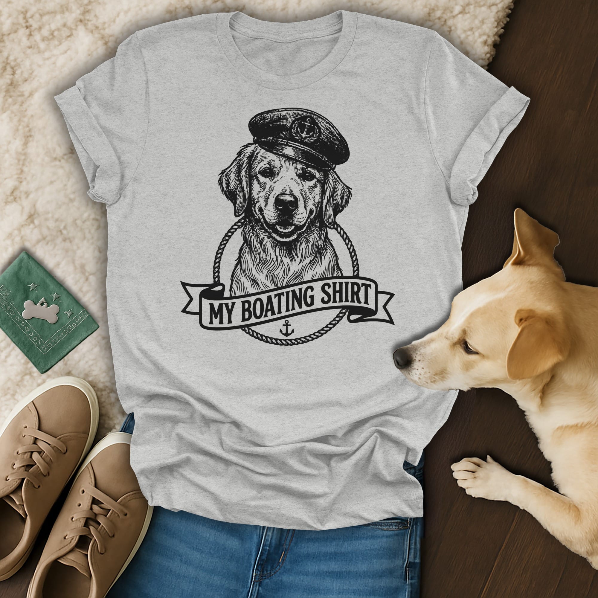 T-shirt with graphic of a golden retriever wearing a captain's hat and "My Boating Shirt" text.
