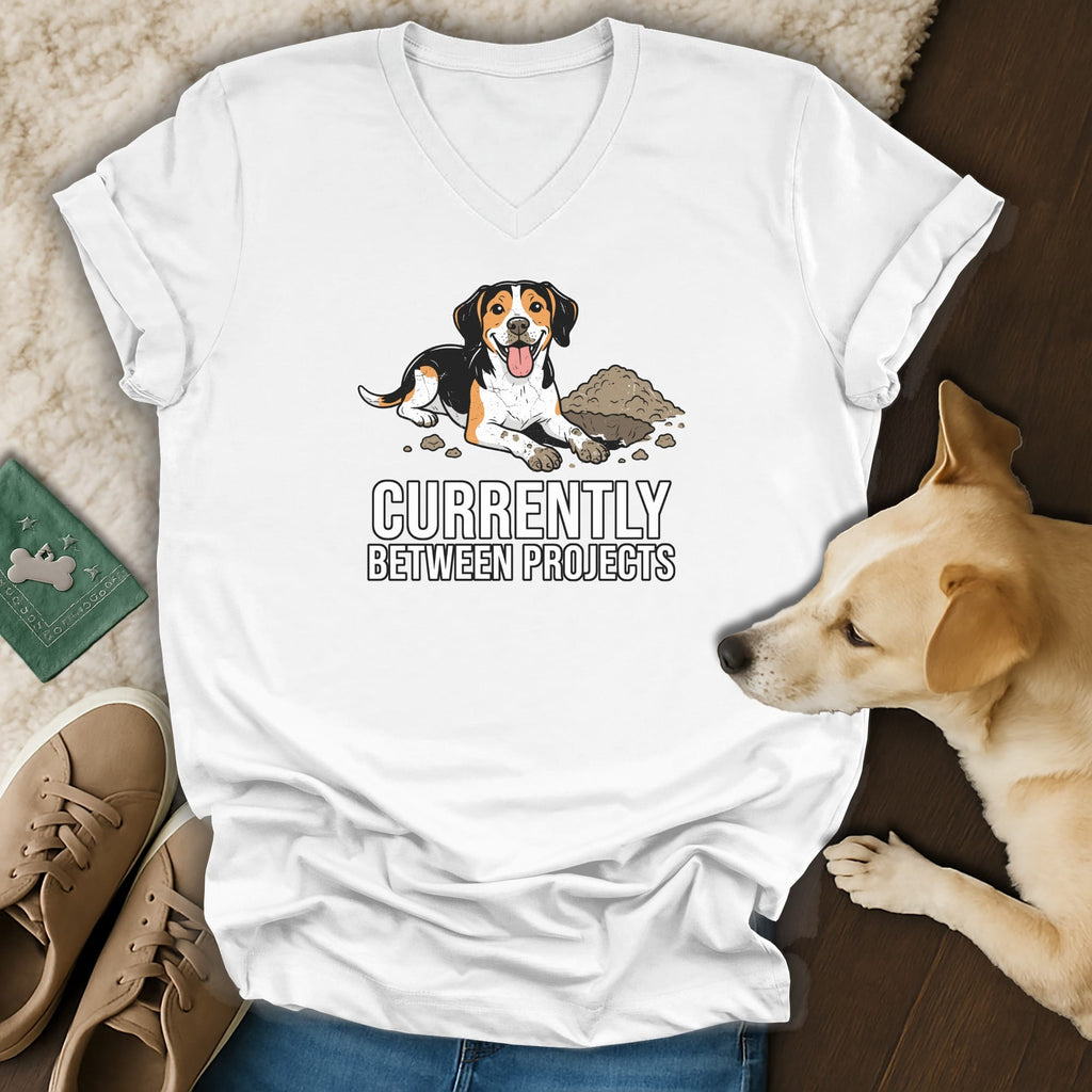 White t-shirt with beagle graphic saying "Currently Between Projects".