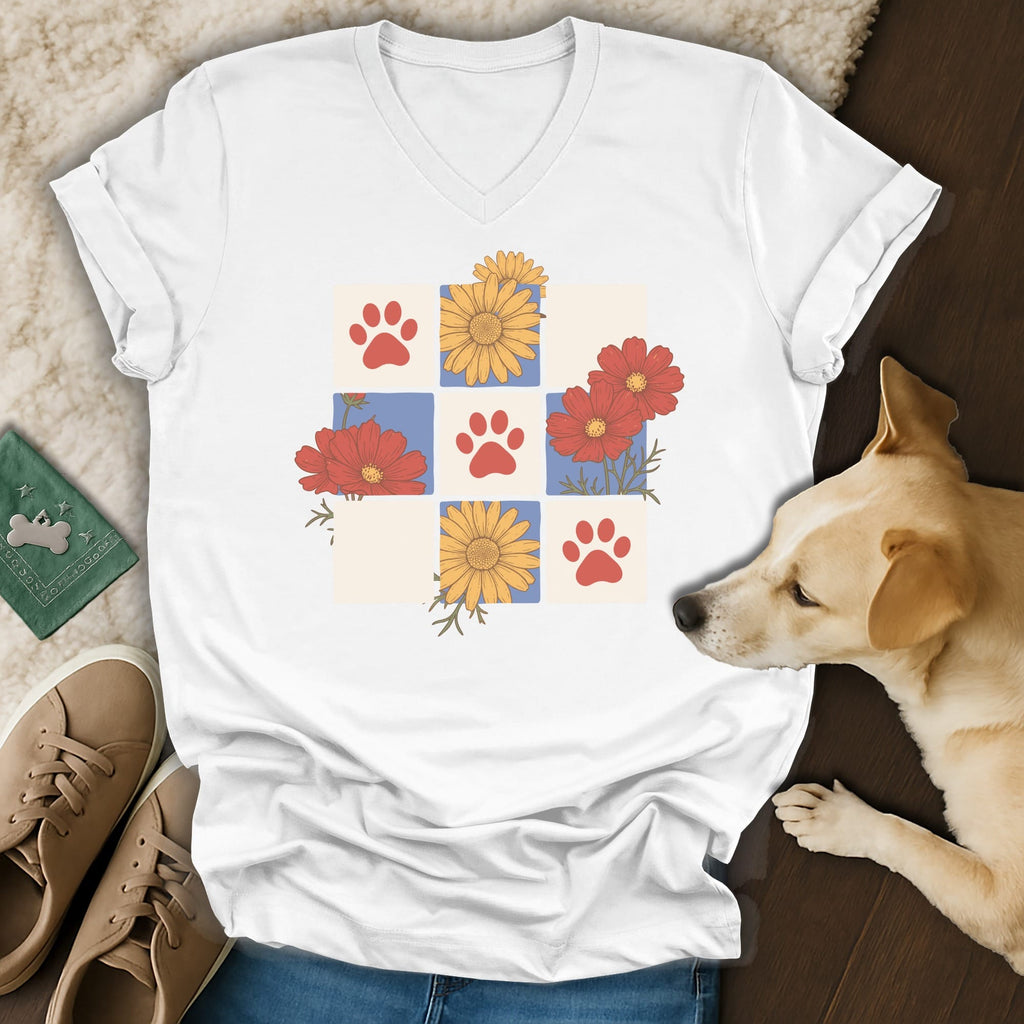 White t-shirt with a tiled pattern of paw prints and flowers.