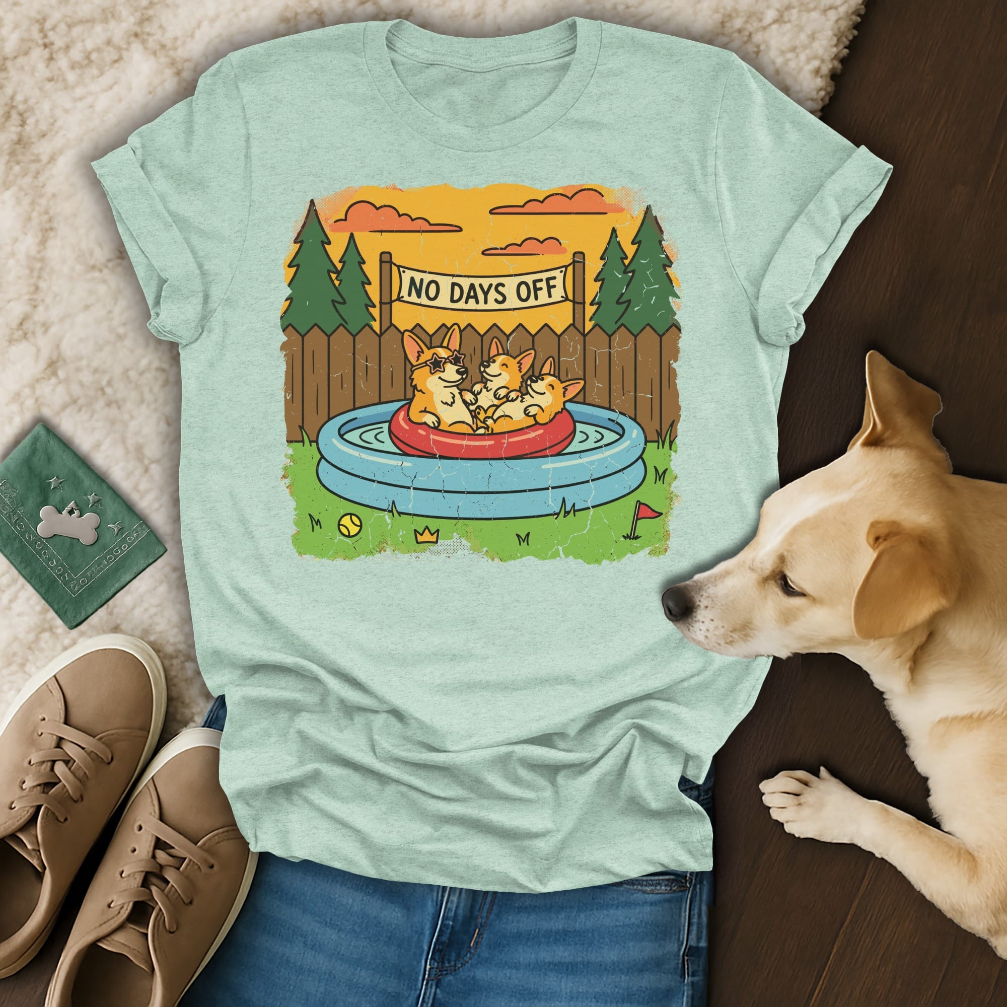 Corgis in a kiddie pool with "NO DAYS OFF" text on a light green t-shirt.