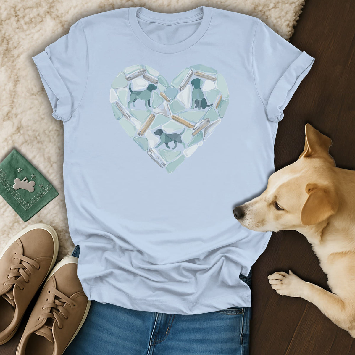 Light blue t-shirt with a heart design of dogs and sea glass elements.