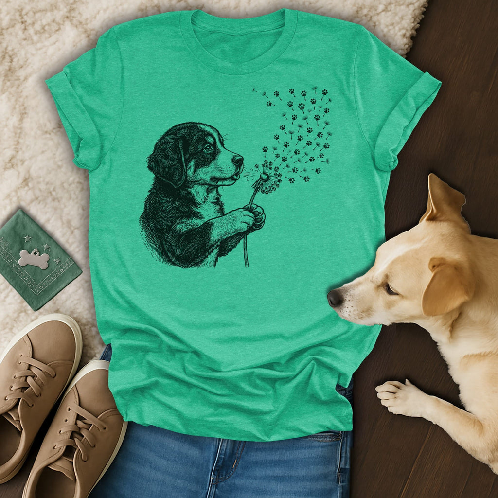 T-shirt with a drawing of a puppy blowing dandelion seeds shaped like paw prints.