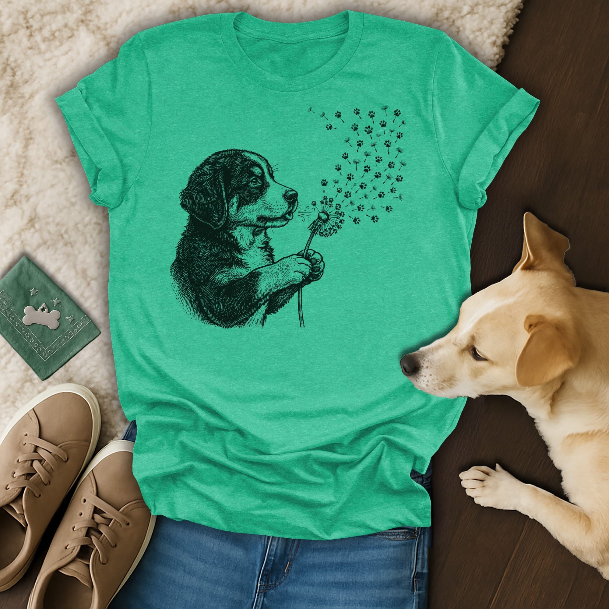 T-shirt with a drawing of a puppy blowing dandelion seeds shaped like paw prints.