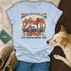 T-shirt with dogs celebrating America's 250th anniversary, "America Feels Groovy 1776 - Keep On Woofin' 2026".
