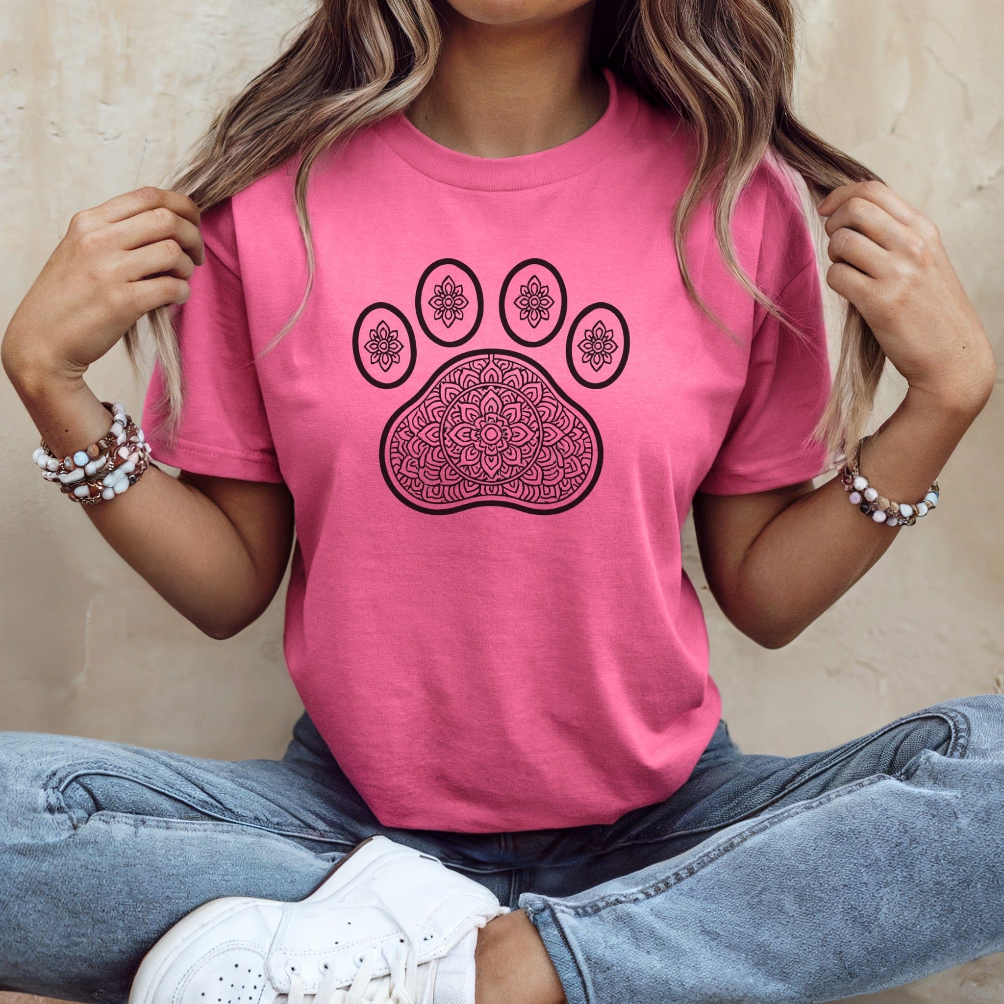 Pink Tee with Intricate Mandala Paw Print Design