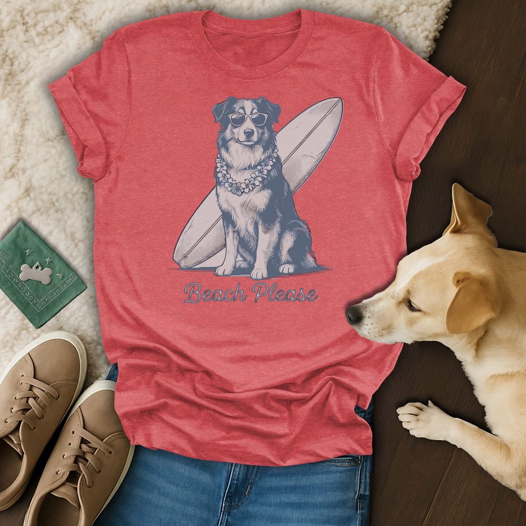 Dog wearing lei and sunglasses with surfboard and "Beach Please" text.