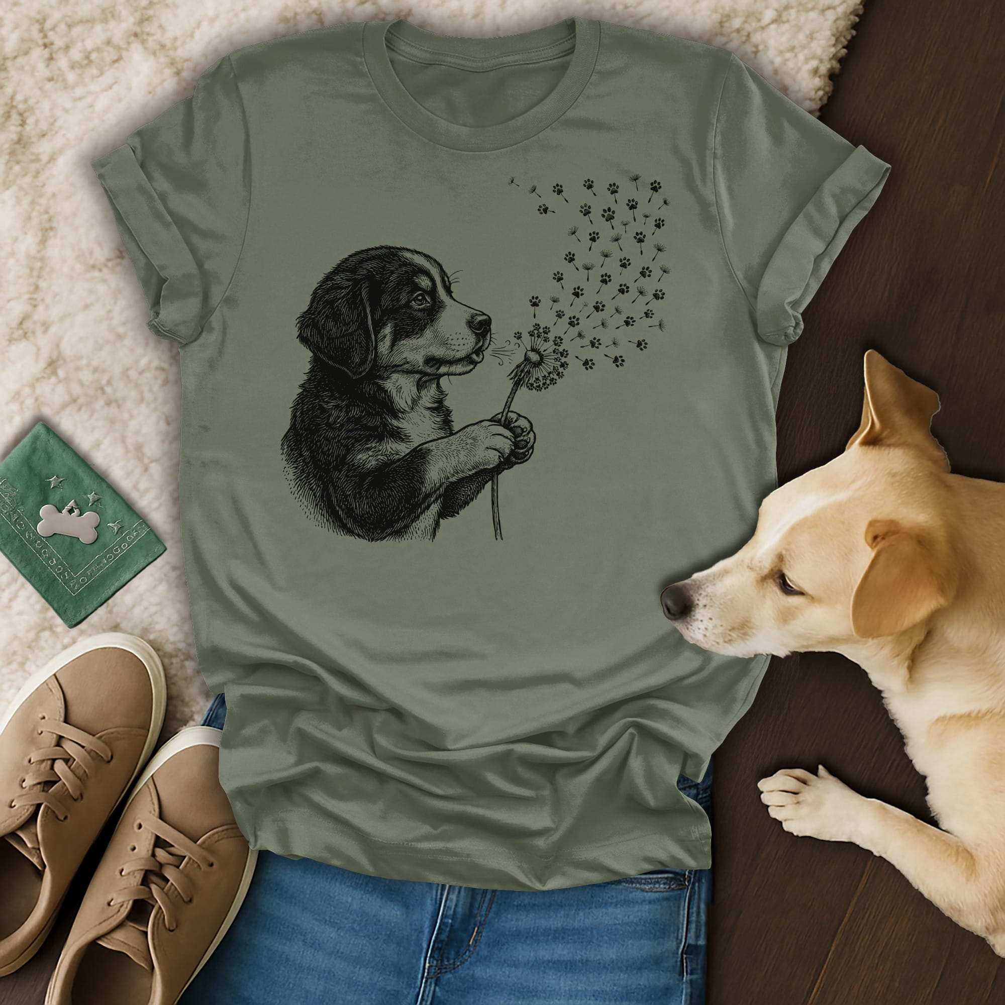 T-shirt with a black and white dog blowing dandelion seeds with paw prints.