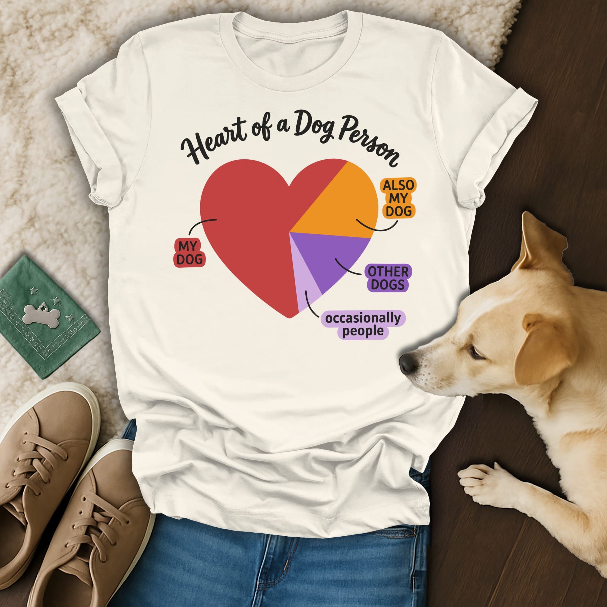 Cream t-shirt with "Heart of a Dog Person" text and a pie chart graphic.