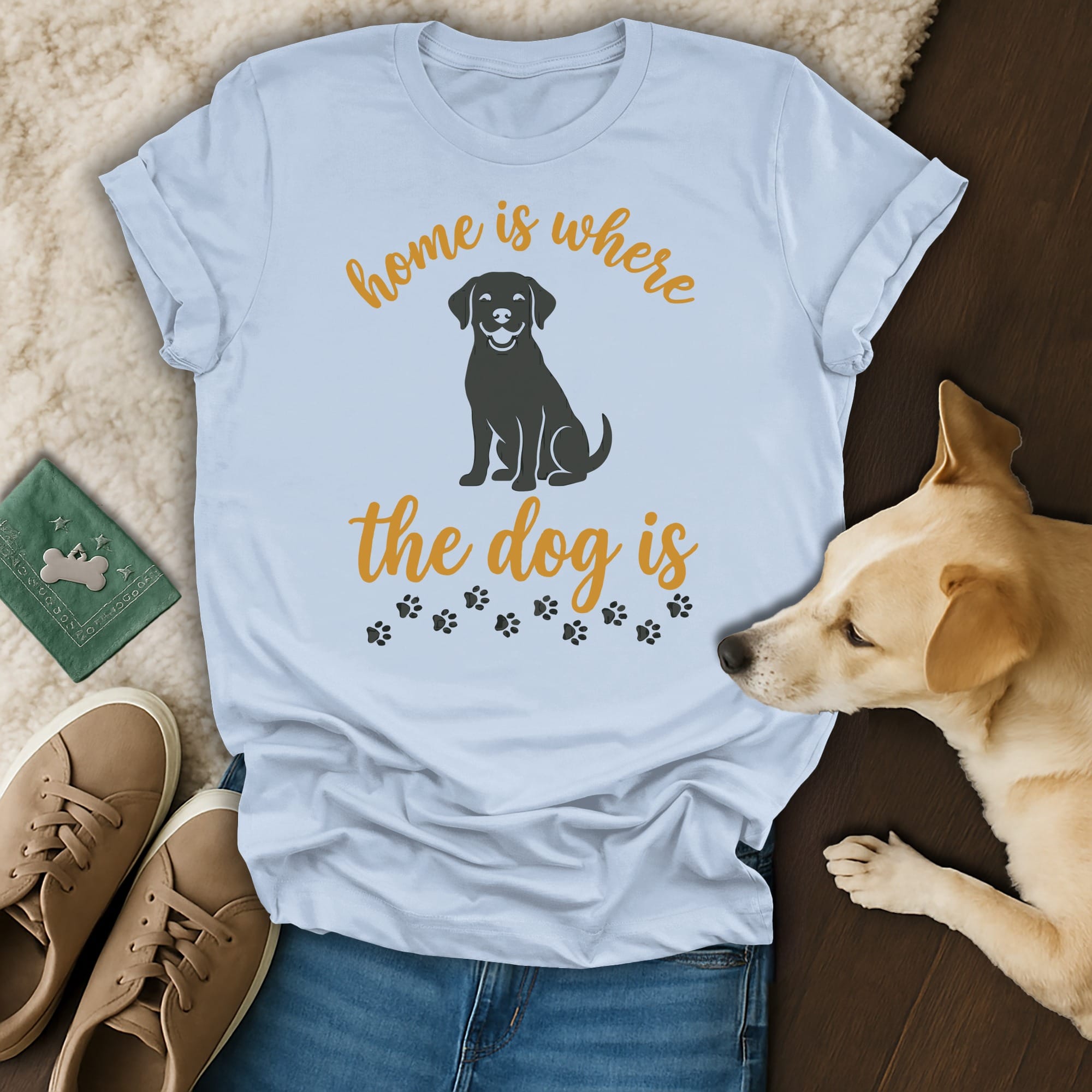 Light blue t-shirt with "Home is where the dog is" text and dog silhouette.