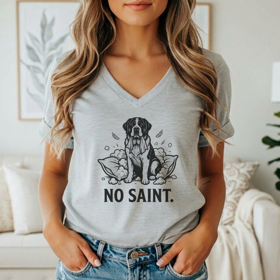 Black and white dog graphic with "NO SAINT." text on gray t-shirt.