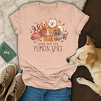 T-shirt graphic with four dogs, pumpkin spice drinks, and "Here fur the Pupkin Spice" text.