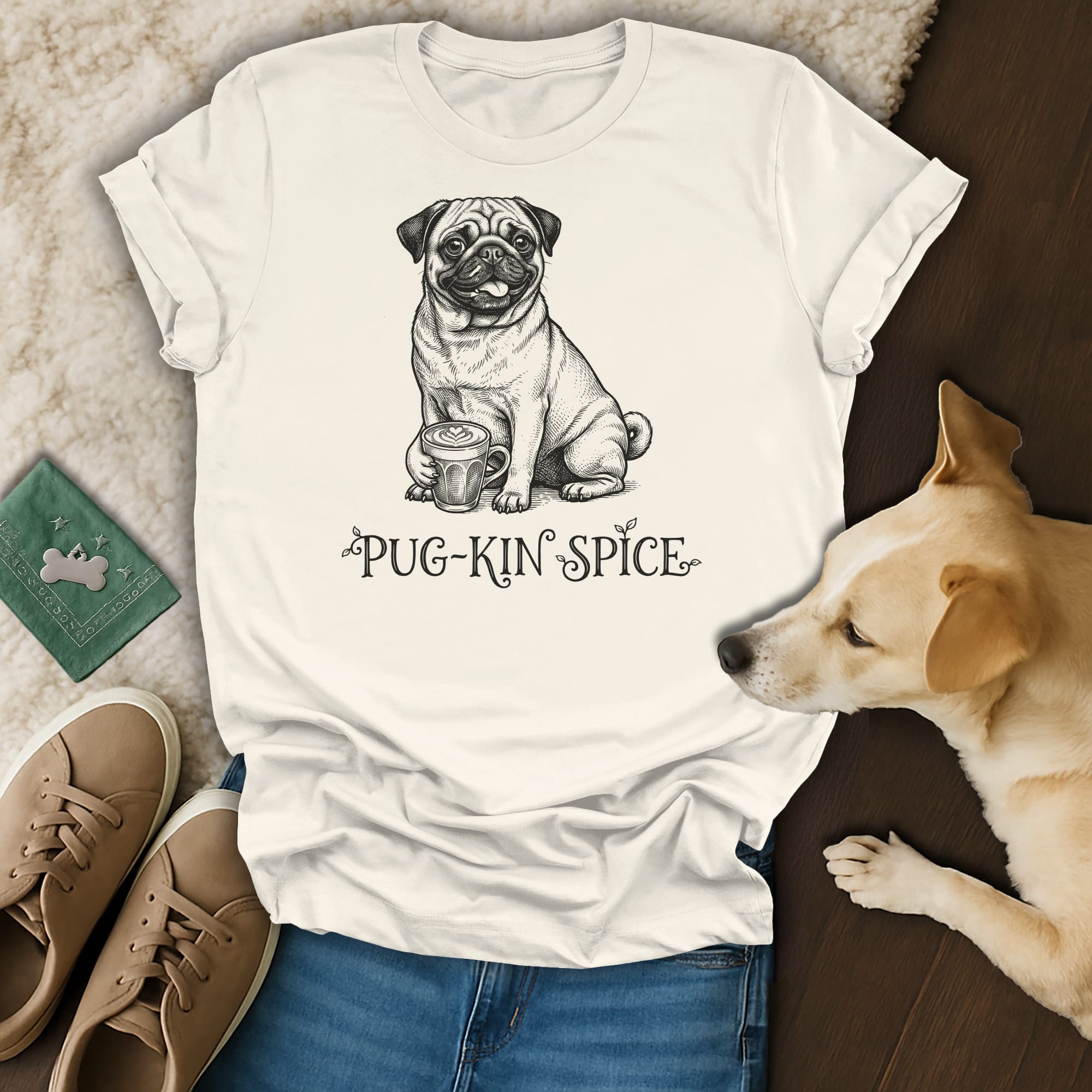 Cream t-shirt with pug holding coffee mug and "Pug-Kin Spice" text.
