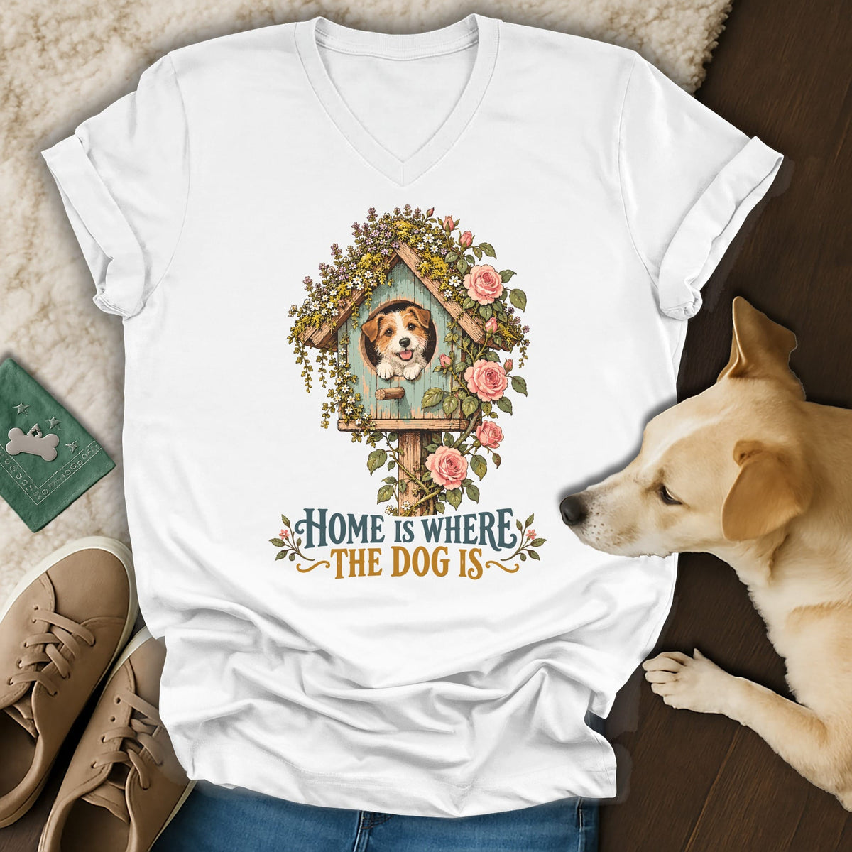 A white v-neck t-shirt featuring a graphic of a dog in a birdhouse with flowers and the text Home is where the dog is.