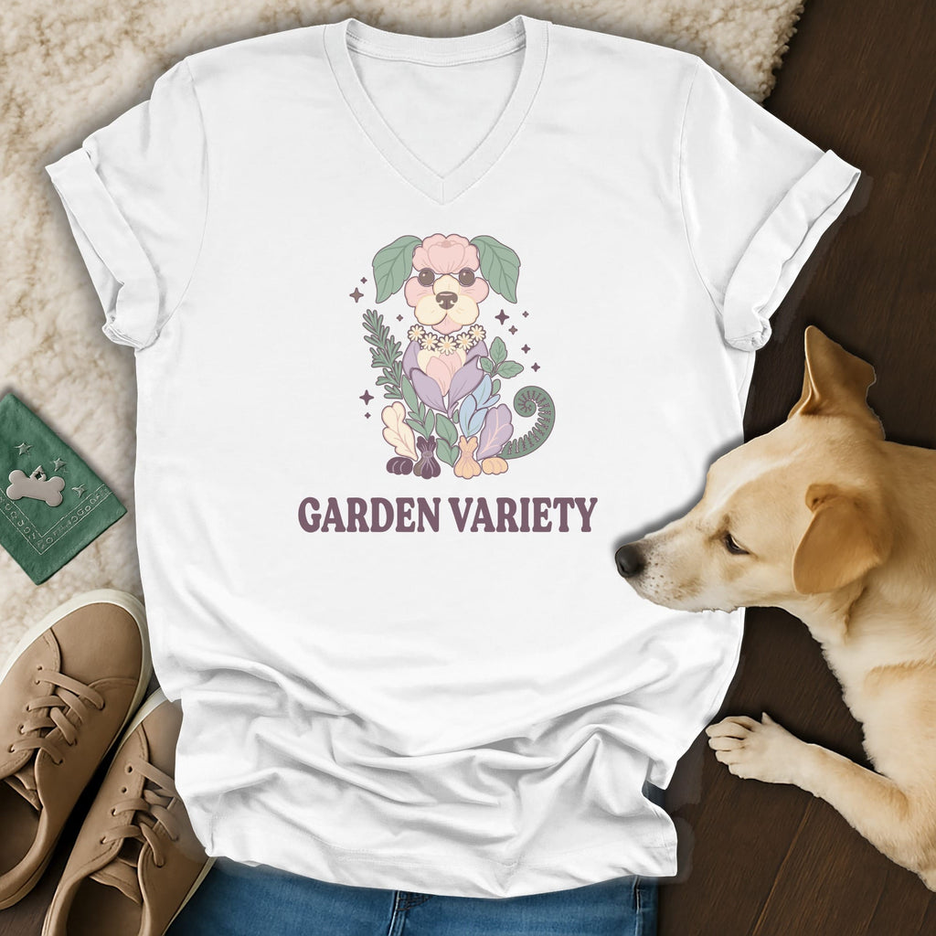 White t-shirt with a floral dog graphic and "Garden Variety" text.