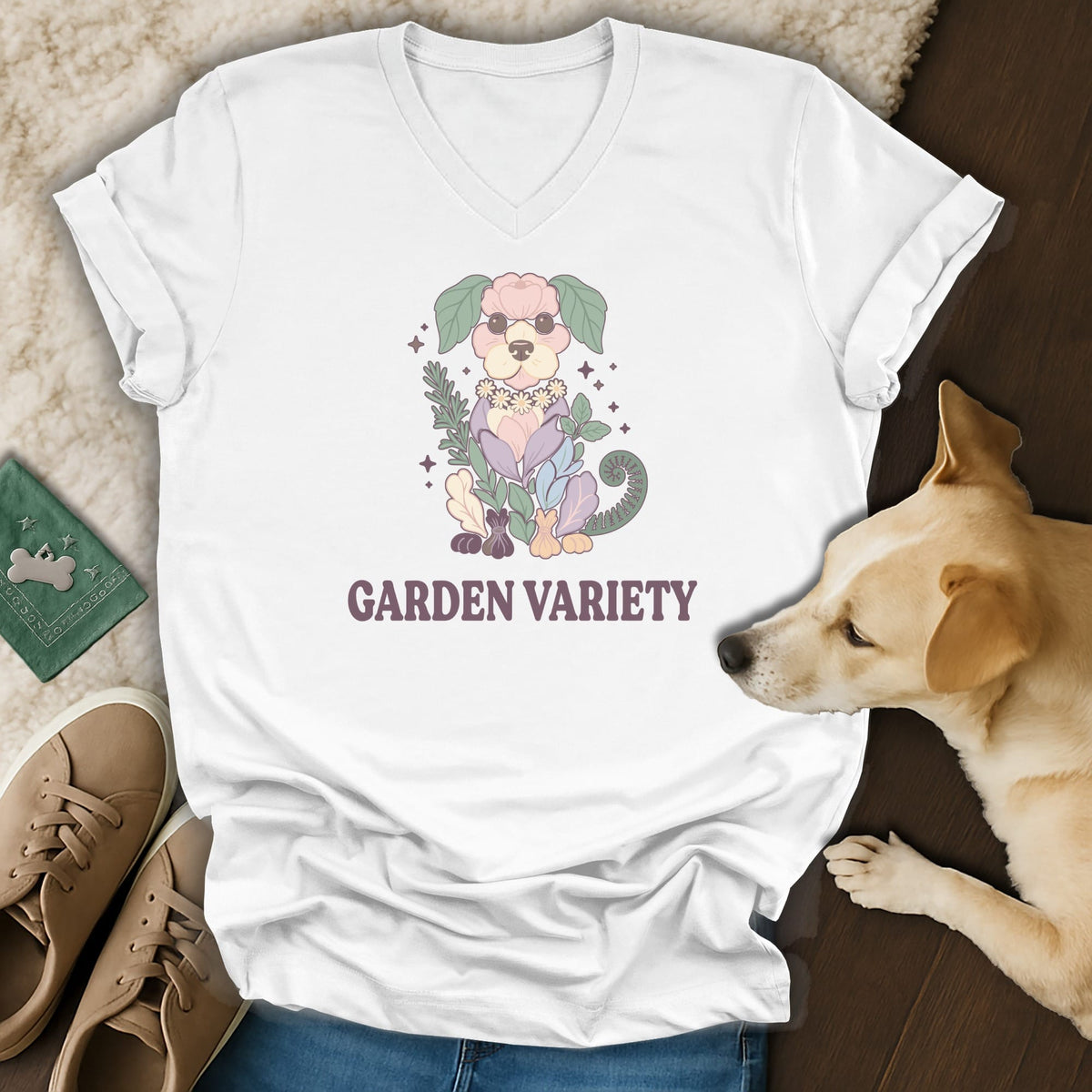 White t-shirt with a floral dog graphic and "Garden Variety" text.