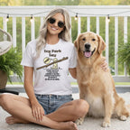 Woman and golden retriever on deck, "Dog Park Day" t-shirt with humorous text.
