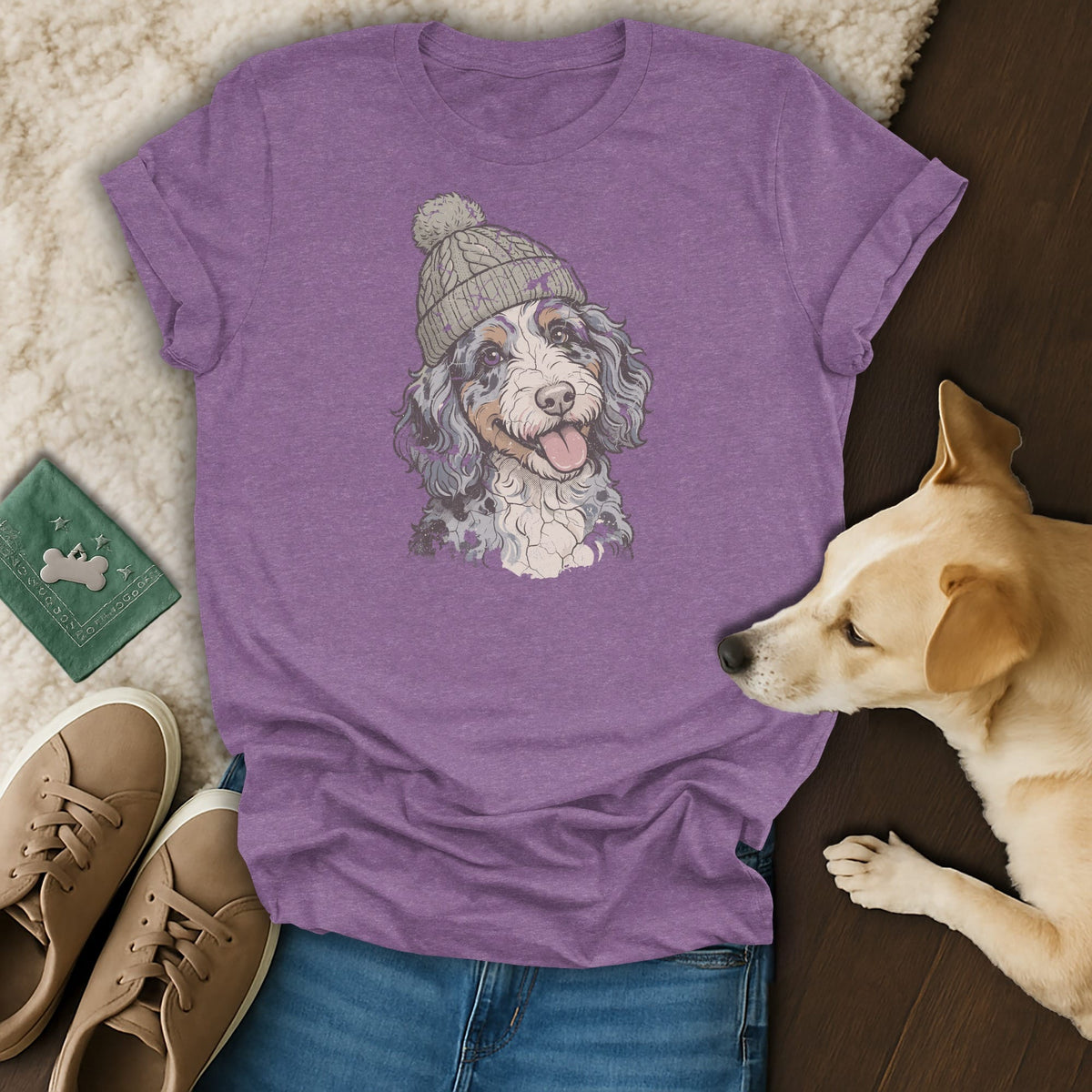 Purple t-shirt with a doodle dog wearing a beanie, next to sneakers and a dog bandana.