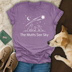 Purple t-shirt with "The Mutts See Sky" and dog silhouette graphic.
