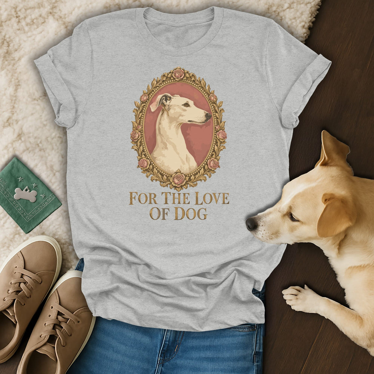 A grey t-shirt featuring a framed dog portrait and the text FOR THE LOVE OF DOG.