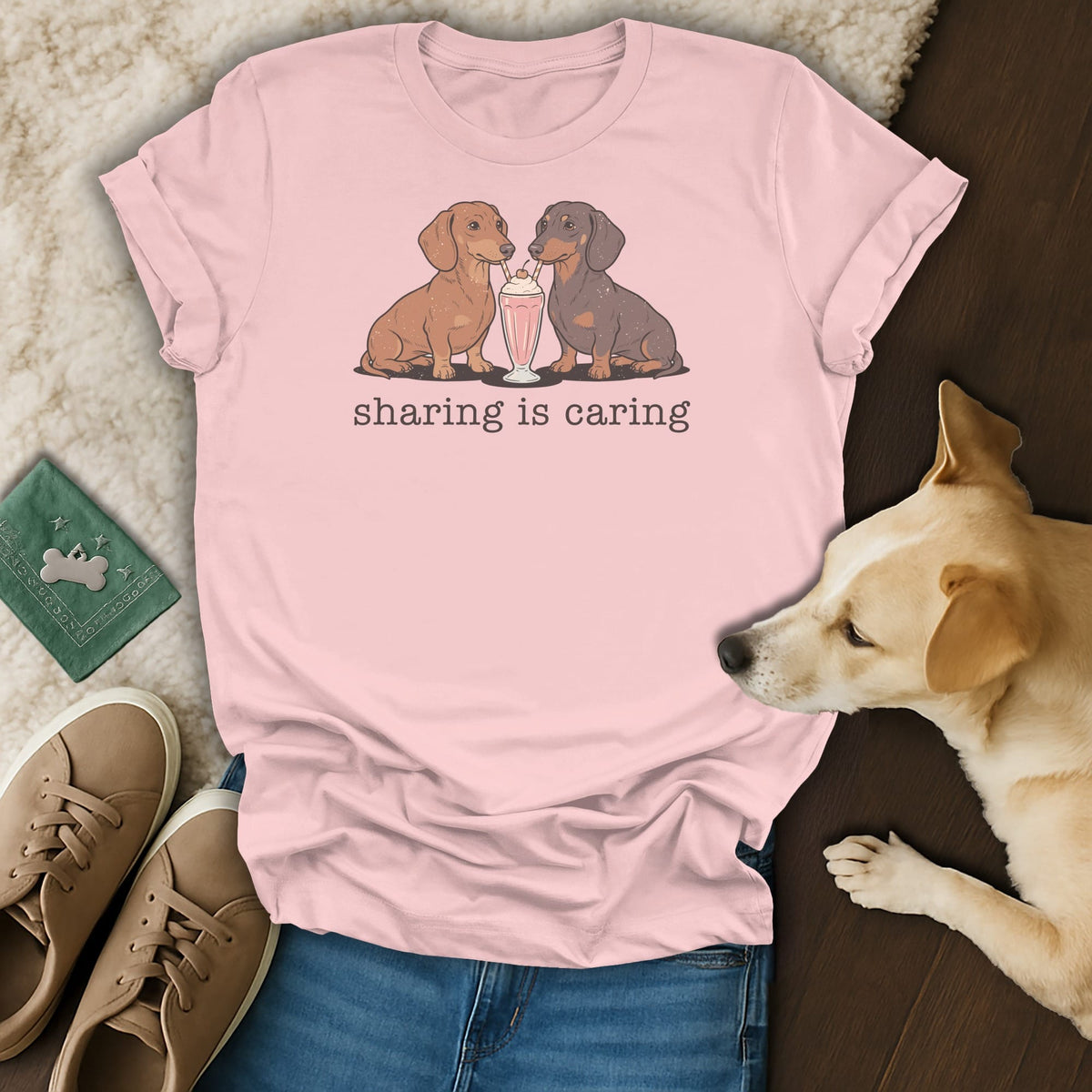 Pink t-shirt with two dachshunds sharing a milkshake, text "sharing is caring".