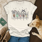 T-shirt featuring five dogs enjoying ice cream cones, with a dog peeking from the side.