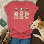 Red t-shirt with a watercolor illustration of three dogs sitting next to potted plants.