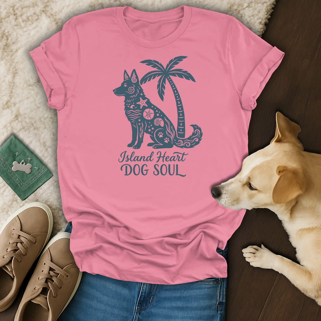 Pink t-shirt with a dark blue dog and palm tree design, and text "Island Heart Dog Soul".