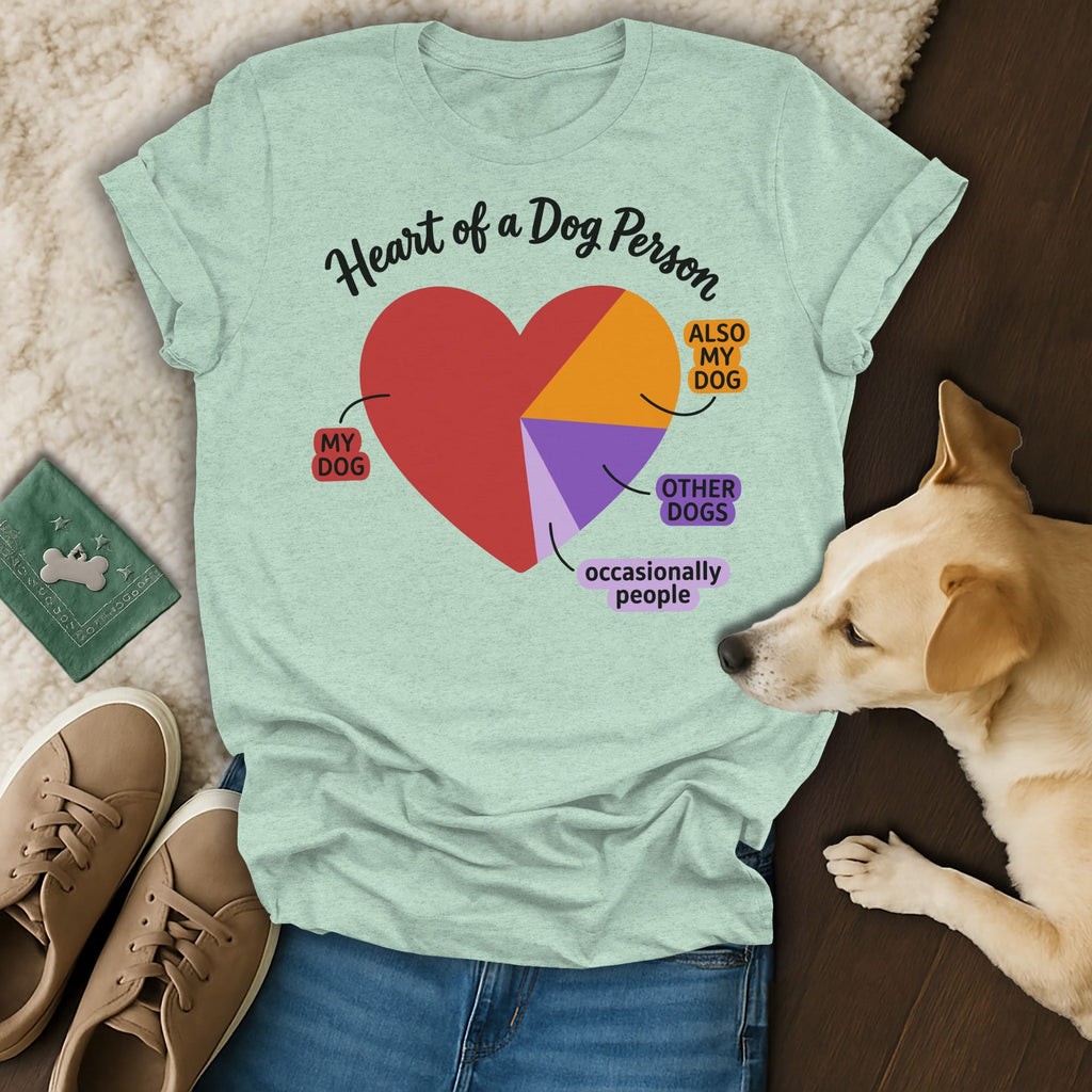 T-shirt with "Heart of a Dog Person" text and pie chart of dogs and people.