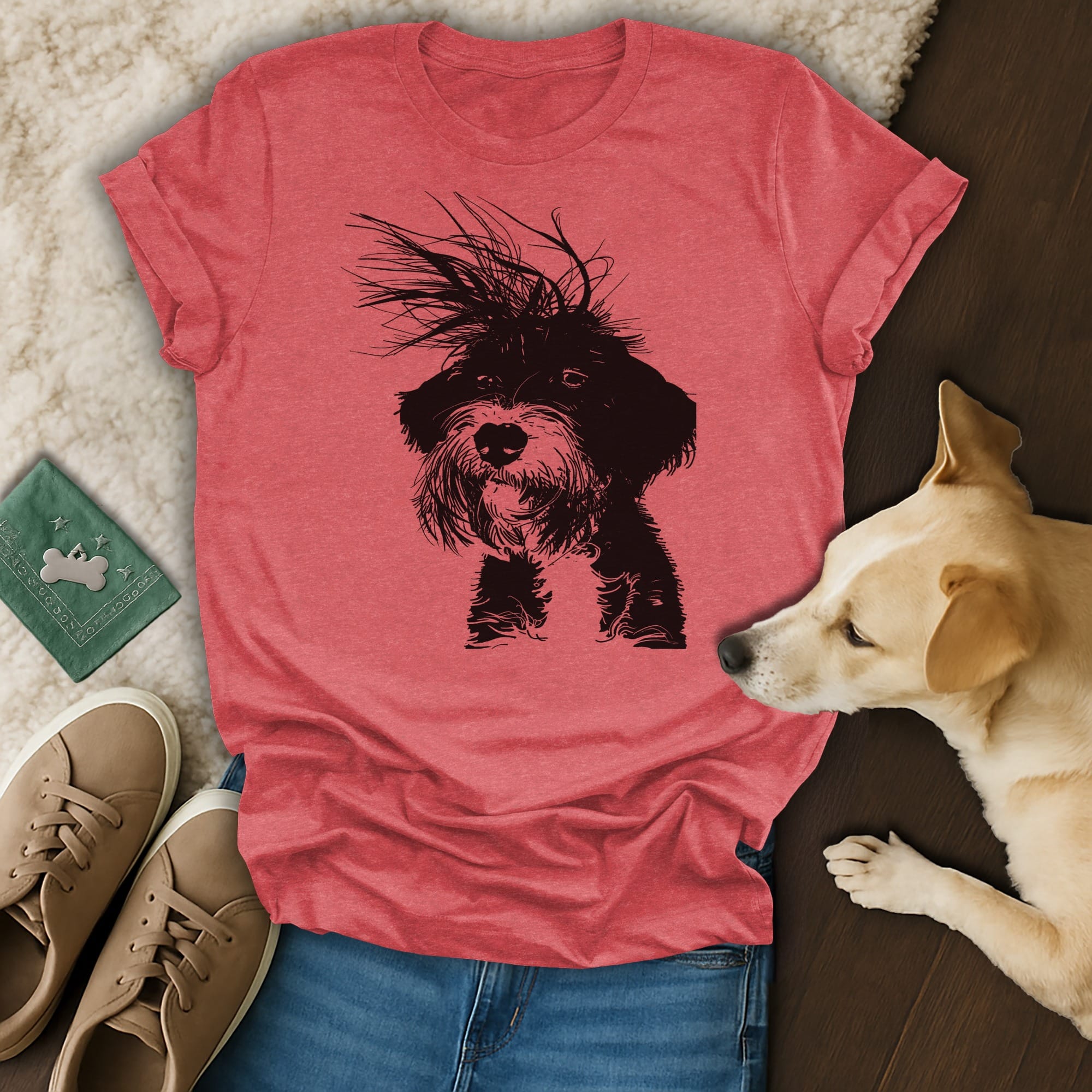 Black and white dog graphic on a heather red t-shirt, with shoes and dog.