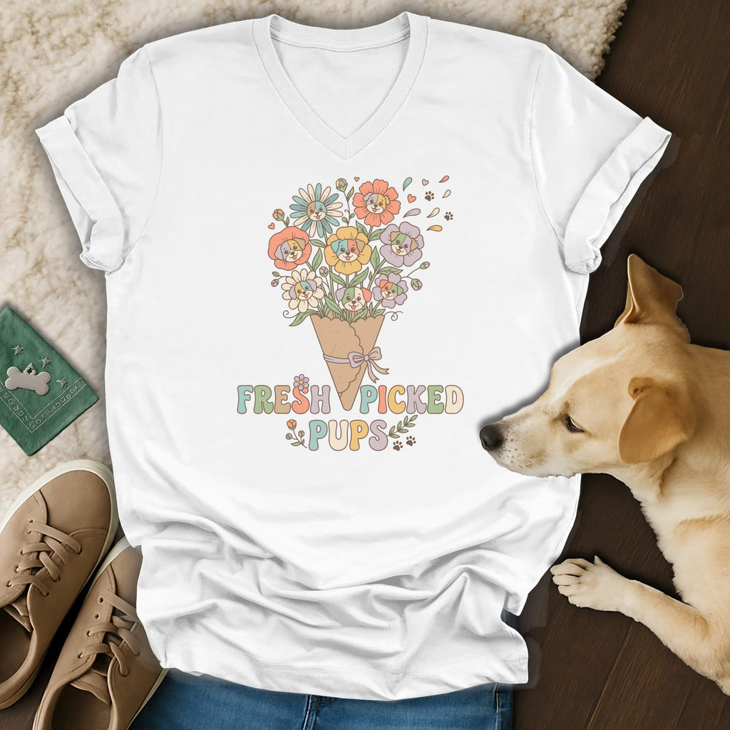 White t-shirt with cartoon puppies as flowers and text "Fresh Picked Pups".