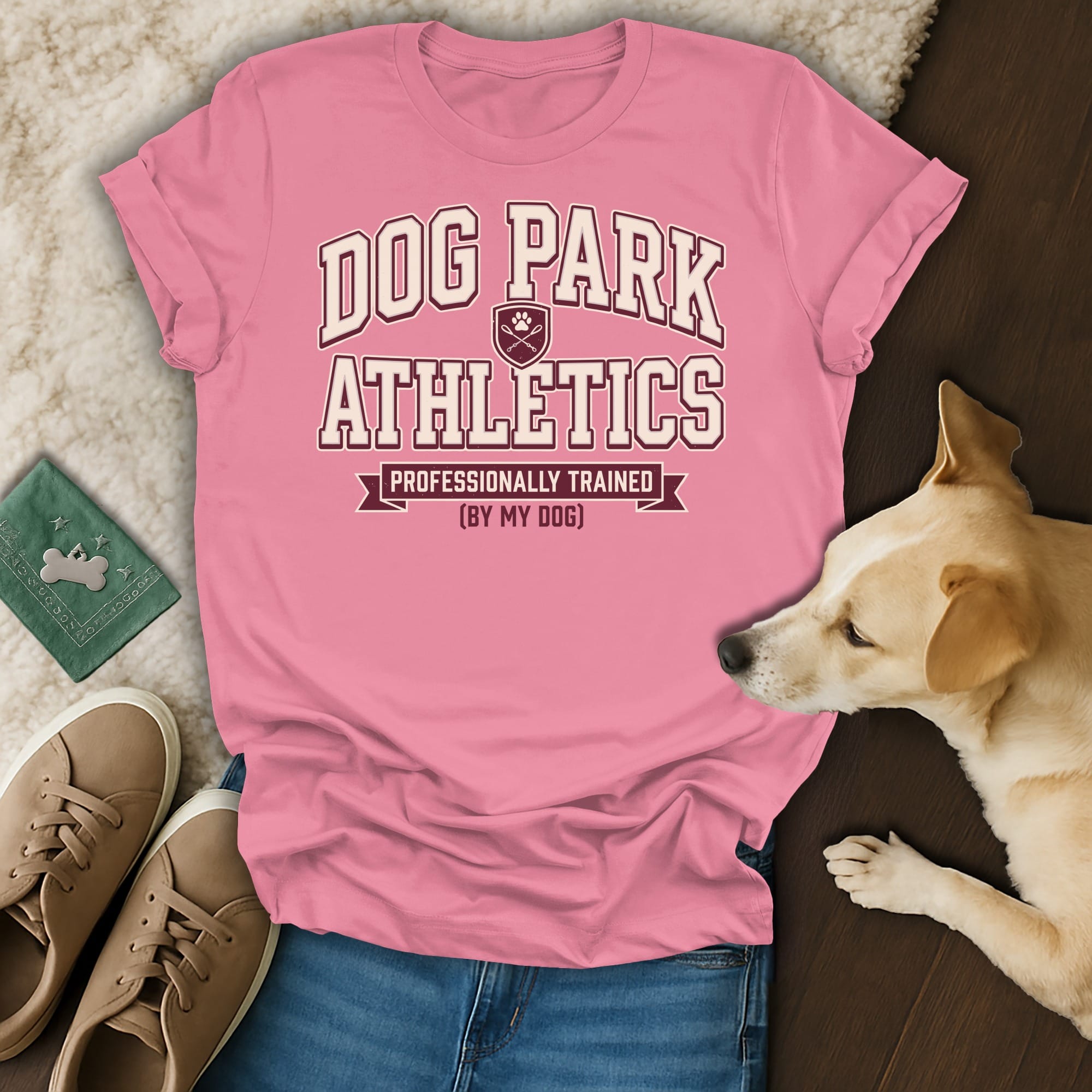 Pink t-shirt with "Dog Park Athletics" and "Professionally Trained (By My Dog)" text.