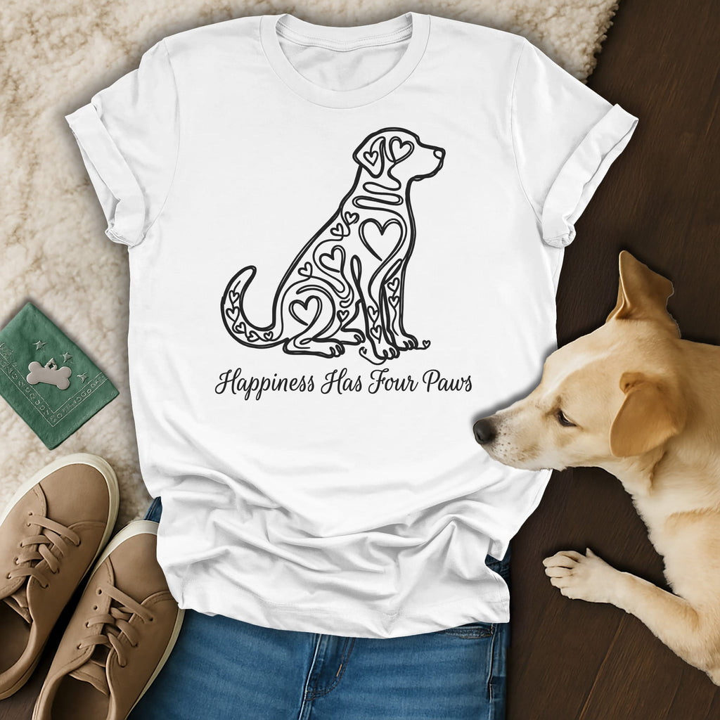White t-shirt with black heart-filled dog design, text "Happiness Has Four Paws".