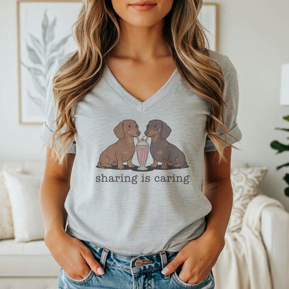Two dachshunds share a milkshake with straws, text reads "sharing is caring."