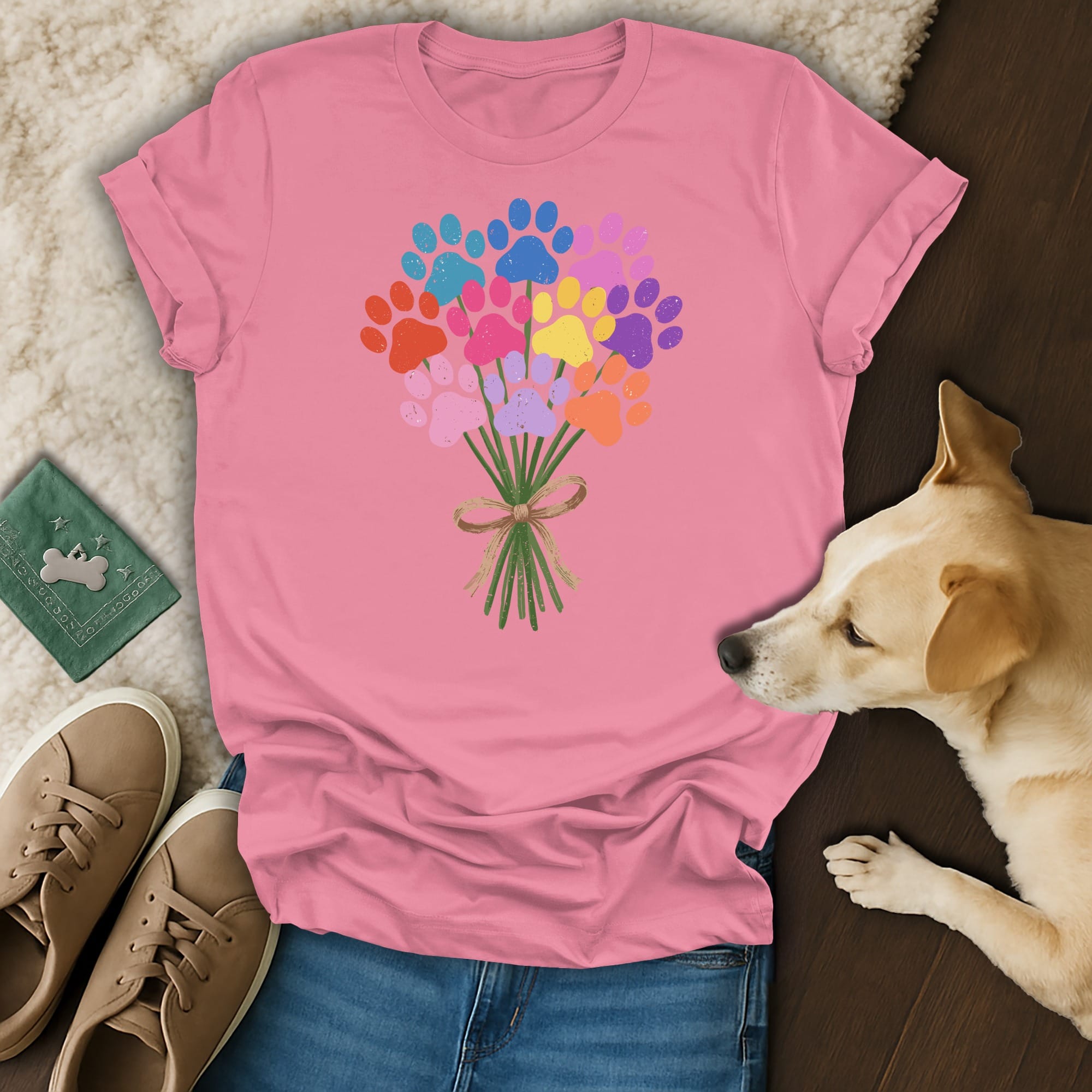 Pink t-shirt with a colorful bouquet of paw prints and a green bandana.