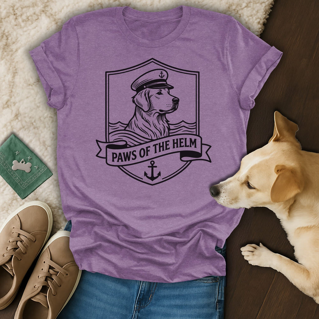Purple t-shirt with a golden retriever in a captain's hat, reading "Paws of the Helm".