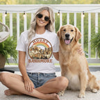 Woman and dog wear matching shirts with "Mount Barkmore" text and dog faces.