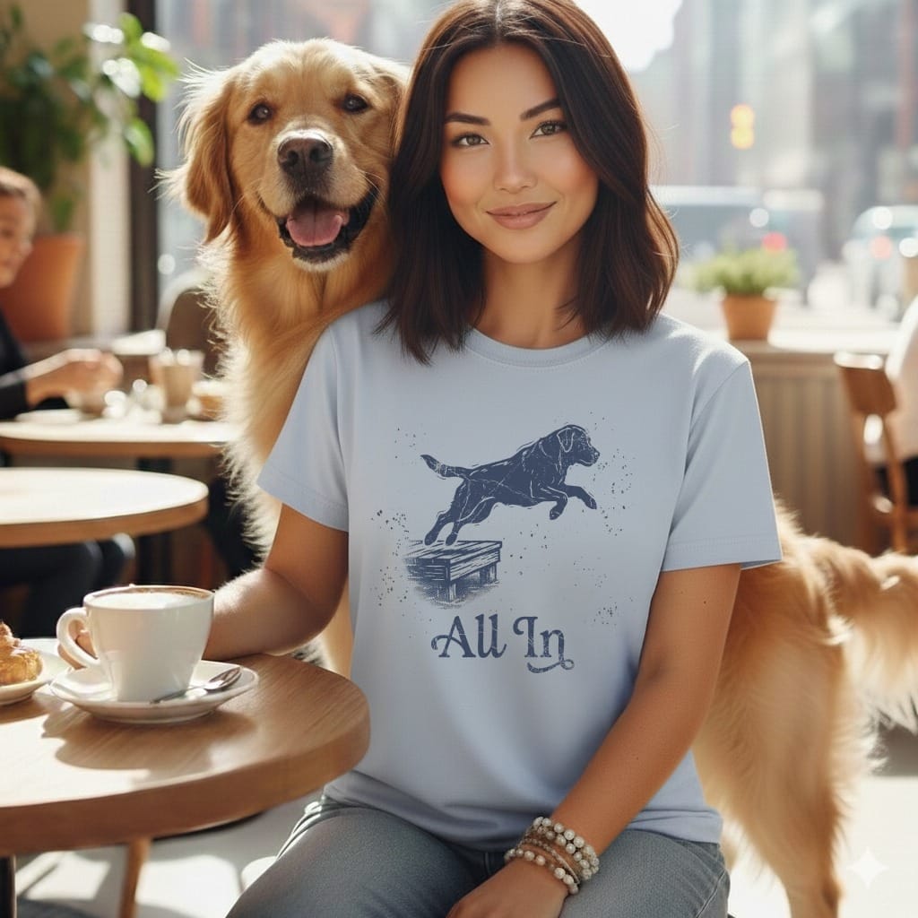 Woman with Golden Retriever at cafe, wearing t-shirt with dog jumping graphic and "All In" text.