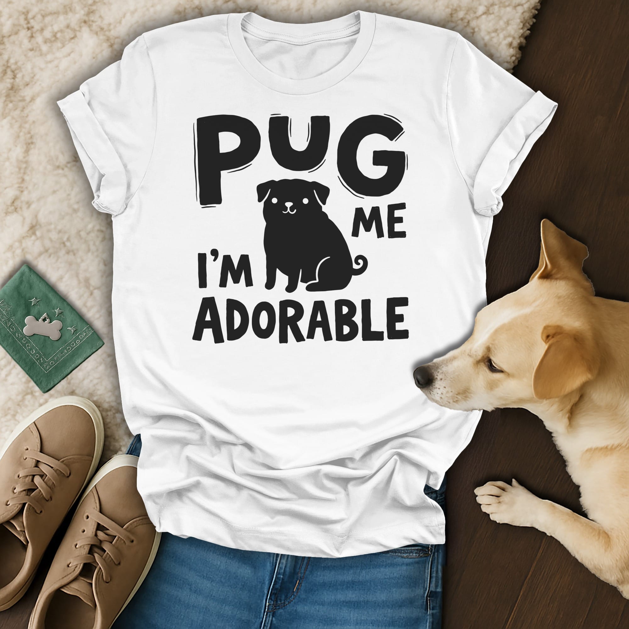 White t-shirt with black text "PUG ME I'M ADORABLE" and a pug silhouette.