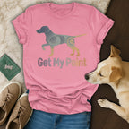 Pink t-shirt with dog graphic and "Get My Point" text.