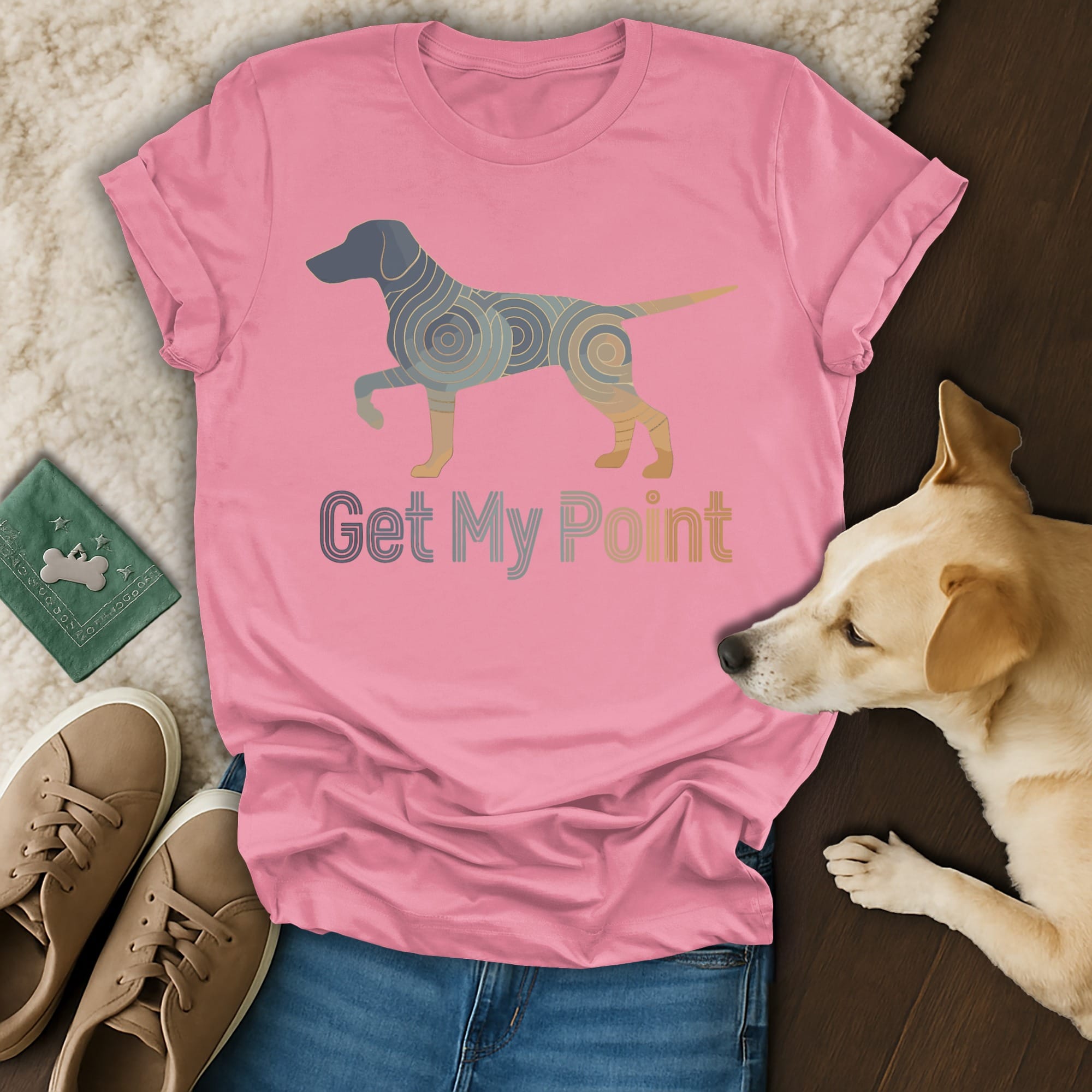 Pink t-shirt with dog graphic and "Get My Point" text.
