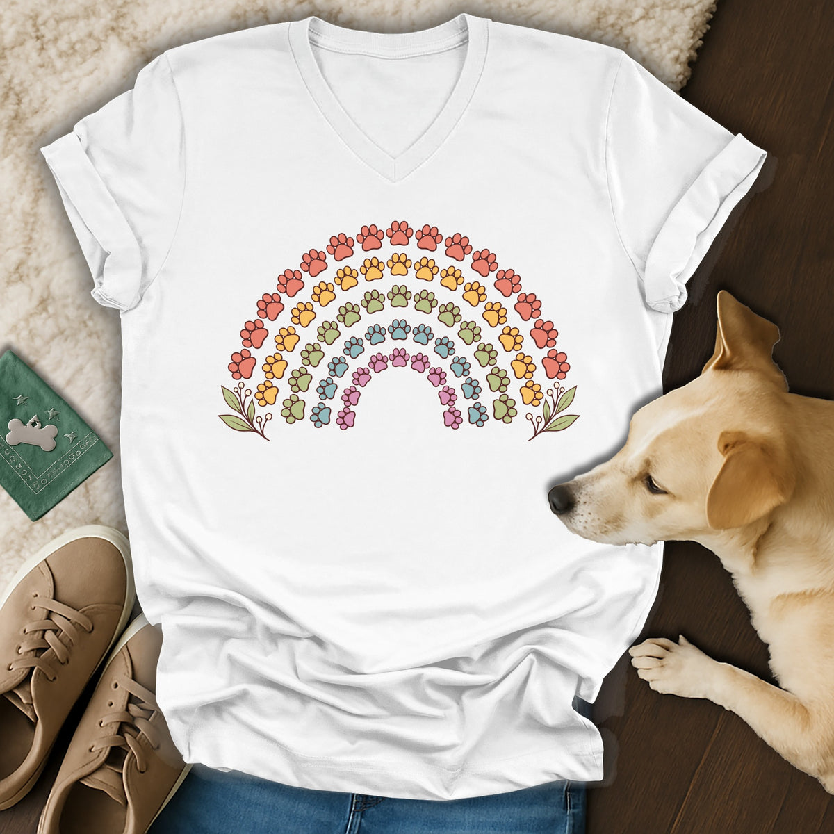 White V-neck t-shirt featuring a colorful rainbow made of paw prints, laid out with shoes and a dog.