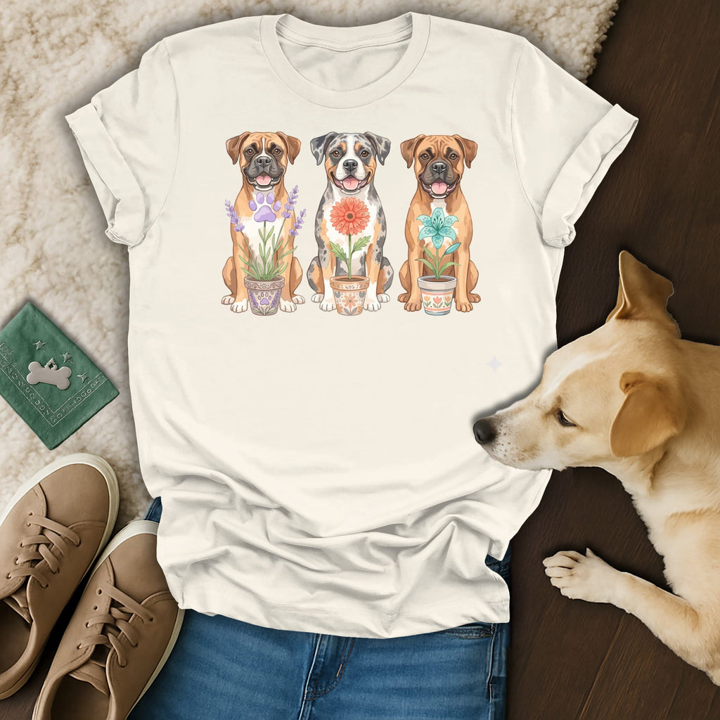 T-shirt with watercolor illustration of three dogs sitting with potted flowers.