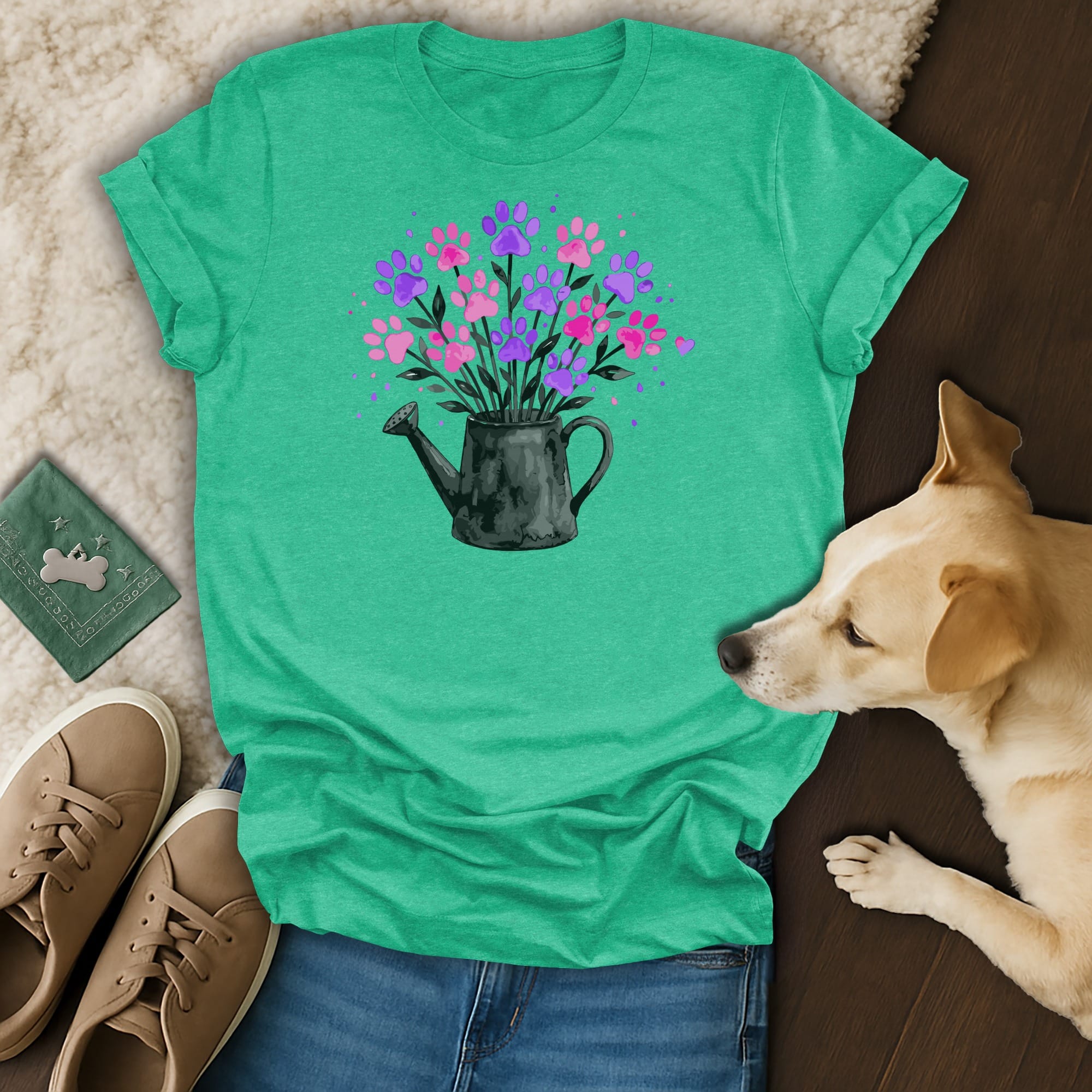 Teal t-shirt with watering can overflowing with pink and purple paw prints.