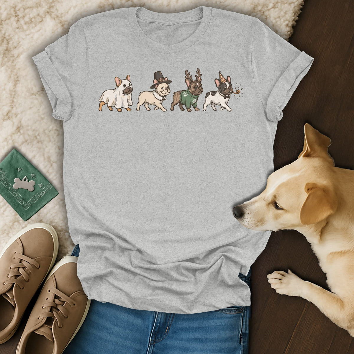 Gray t-shirt with four French bulldogs in costumes: ghost, pilgrim, reindeer, and party animal.