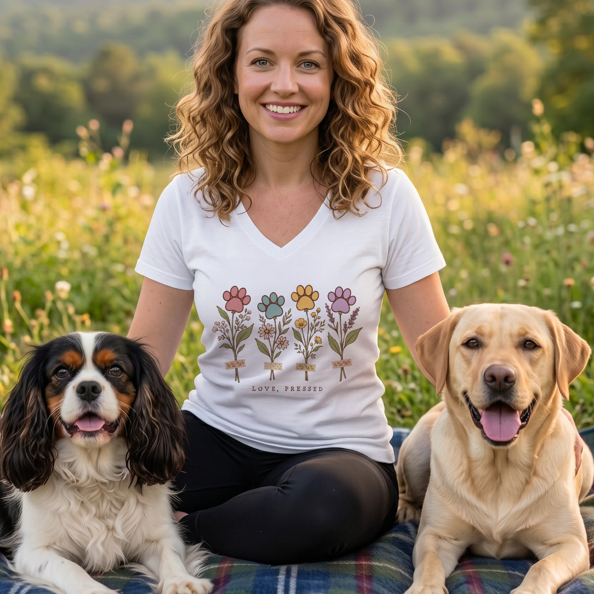 A smiling woman wearing a white graphic t-shirt sits outdoors flanked by two dogs.