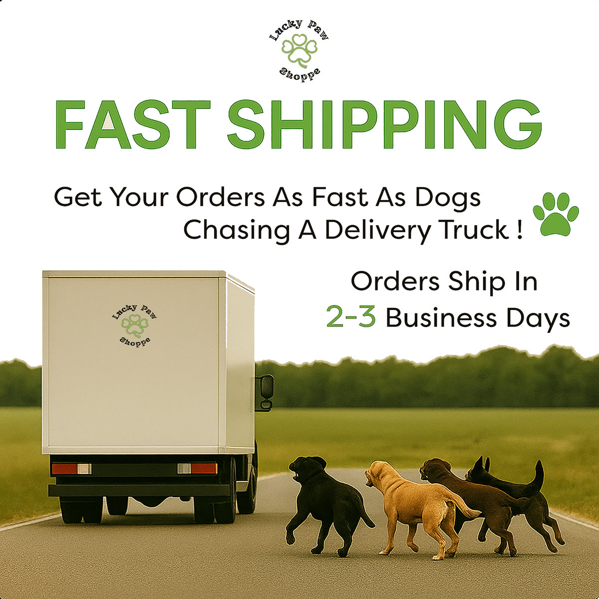 A delivery truck drives down a road while four dogs chase behind it, with text stating fast shipping in two to three business days.