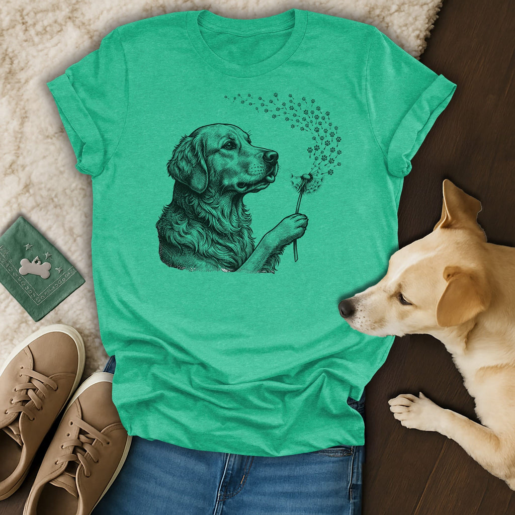 Golden retriever blowing dandelion seeds which turn into paw prints.