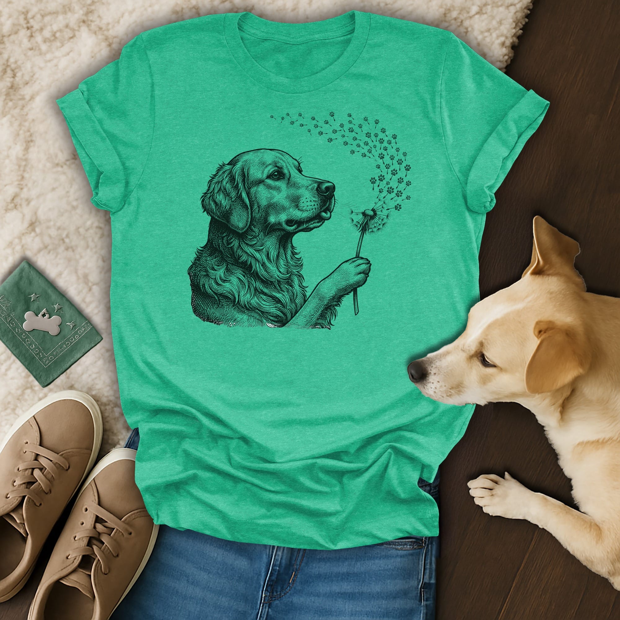 Golden retriever blowing dandelion seeds which turn into paw prints.