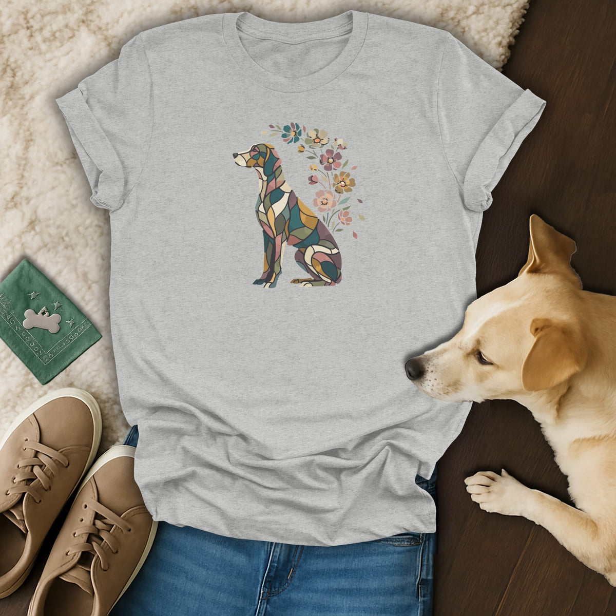 A grey t-shirt featuring a mosaic dog graphic and flowers, surrounded by jeans, sneakers, and a dog.